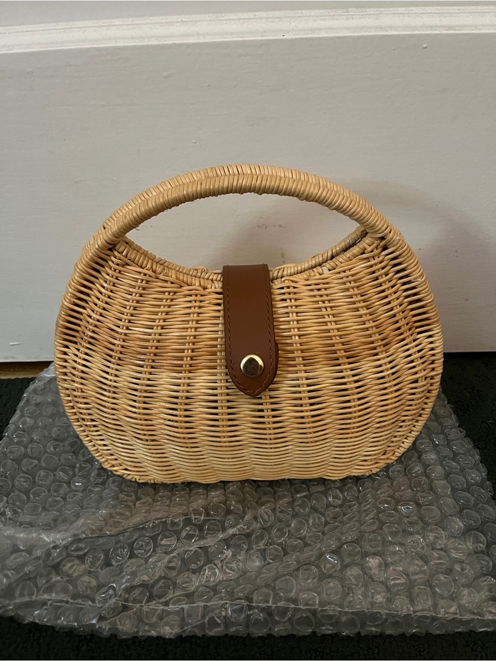 J. Crew Woven Rattan Handbag Clutch with Brown Leather Strap NWT